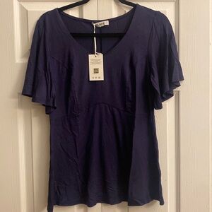 Grace Karin Flutter Sleeve V-Neck Blouse Womens Size L Navy Blue Stretch Top